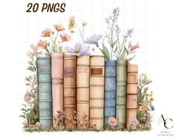 20 Wildflower books clipart, Watercolor bookstack, Book lover png, Floral design, Booktrovert reader, Flower booktok theme, Bookworm read