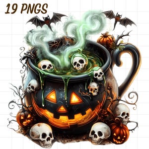 May include: A digital illustration featuring a black cauldron with a carved pumpkin face, filled with green liquid and skulls. Bats and pumpkins surround the cauldron. The text "19 PNGS" is at the top.