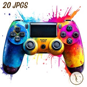 Puede incluir: Imagen vibrante, estilo acuarela, de un mando de videojuegos. El mando es un espectro de colores, incluyendo azul, amarillo y rosa, con botones negros y una pantalla central. El texto "20 JPGS" está en la parte superior.