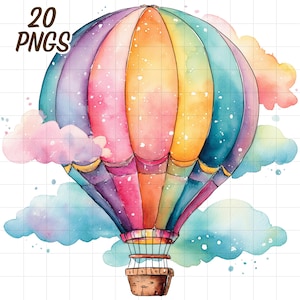 Pode incluir: Ilustração em aquarela de um balão de ar quente colorido com um design de arco-íris, rodeado por nuvens fofas. O balão tem uma cesta marrom e o texto "20 PNGS" no canto superior esquerdo. A imagem tem uma estética lúdica e sonhadora.