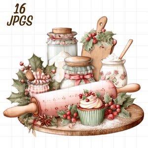 Op de afbeelding: Waterverfillustratie van bakbenodigdheden, waaronder potten bloem, een deegroller, een cupcake en een houten snijplank, allemaal versierd met hulst en bessen. De afbeelding bevat de tekst "16 JPG's".