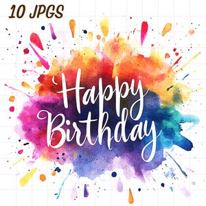 10 ハッピーバースデー クリップアート パック、カラフルな水彩 JPG、お祝いパーティー、Word テキスト クリップアート、鮮やかな招待状、子供、子ども