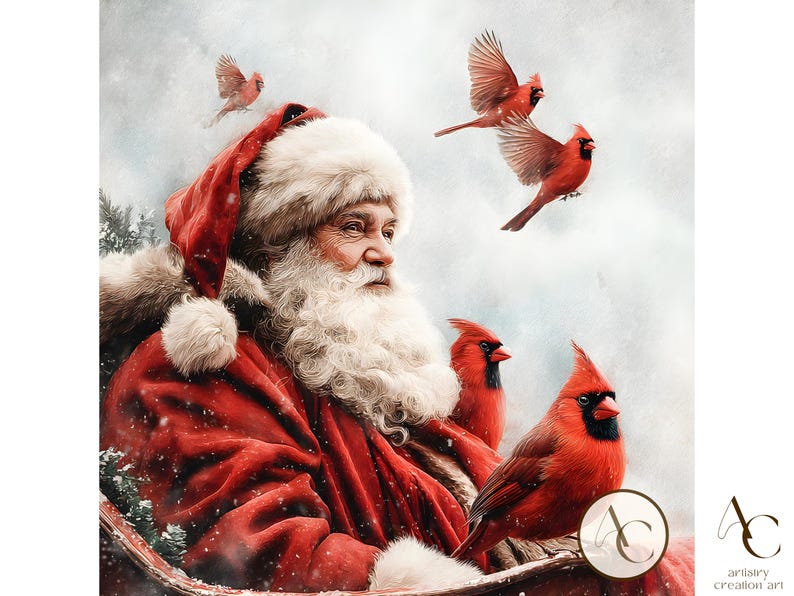 19 Santa Claus With Red Cardinal Clipart, Vintage Xmas Bird Bundle ...
