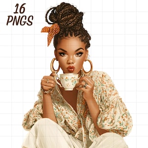 Könnte beinhalten: Digitale Illustration einer Frau mit geflochtenem Haar, die große goldene Creolen und ein Oberteil mit Blumenmuster trägt und eine Teetasse hält. Das Bild enthält den Text "16 PNGS". Die Frau trägt Ringe und Armbänder.