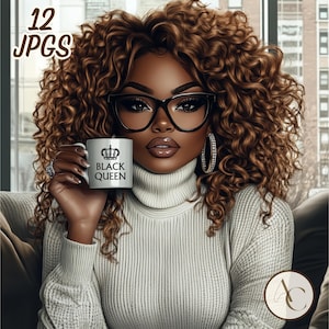 May include: Digital artwork featuring a woman with brown curly hair, wearing glasses and a white turtleneck. She holds a mug with "BLACK QUEEN" and a crown. The image has a warm colour palette and includes the text "12 JPGs".