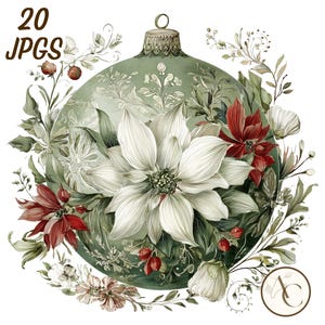 May include: A digital illustration of a Christmas ornament with a floral design. The ornament is a muted green color with white floral accents and red poinsettias. The text "20 JPGS" is at the top left.