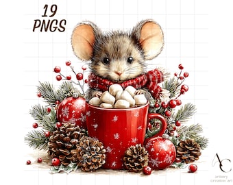 19 Christmas mouse clipart, Xmas eve mice Png, Winter season rodent, Festive cute animal, Holiday tree, Snowy rat, Adorable cartoon present
