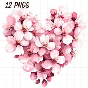 12 Kirschblüten Clipart, Aquarell Blumenherz, Pink Sakura PNG, Frühlingsblumenblüte, lebendiger Sommergarten, Botanische Japan Wildblume