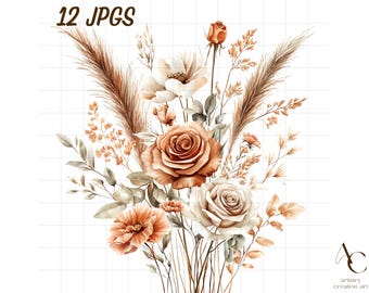 12 Boho Wildblumen Clipart, Wildblume JPG, Blumenstrauß Rosen, Hochzeit rustikal Aquarell, Vintage botanische, Sommer Herbst, Florist