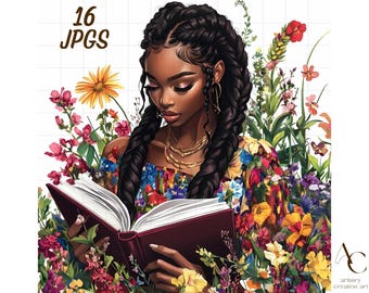 Puede incluir: Una ilustración digital de una mujer negra con trenzas largas leyendo un libro. Está rodeada de flores coloridas y vegetación. El texto "16 JPGs" está en la esquina superior izquierda de la imagen.