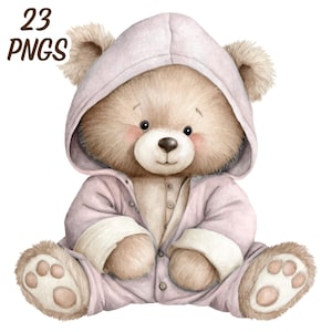 May include: A watercolour illustration of a teddy bear in a pink hooded onesie. The bear has light brown fur, rosy cheeks, and a buttoned outfit. The image includes the text "23 PNGs".