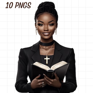 Op de afbeelding: Een digitale illustratie van een vrouw met een donkere huidskleur die een zwart pak draagt en een gesloten boek vasthoudt. Ze draagt een gouden kruisketting en gouden oorbellen. De achtergrond is een wit raster.