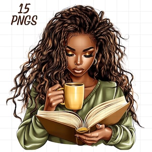 Buch und Kaffee schwarze Mädchen Clipart, Bookish Afro Frau png, Koffein-Liebhaber-Design, Afroamerikaner, Frauen lesen, lesen booktok, Bücherwurm