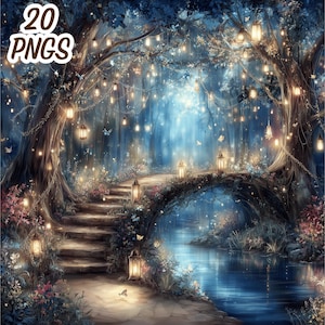 Pode incluir: Ilustração digital de uma floresta mágica com uma ponte de pedra sobre um rio. A imagem apresenta uma escada, lanternas e o texto "20 PNGS". A cena é iluminada por uma luz suave e quente.