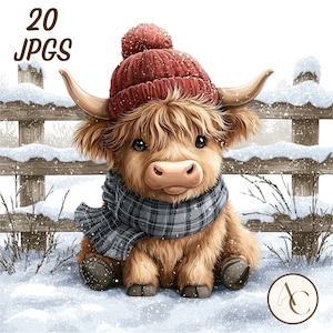 Peut inclure: Illustration à l'aquarelle d'un veau de vache Highland portant un bonnet rouge tricoté et une écharpe à carreaux grise, assis dans la neige. L'image comprend le texte "20 JPGs". Une clôture en bois est en arrière-plan.