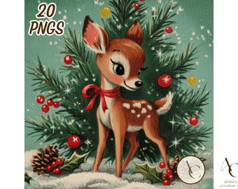 May include: A vintage-style illustration of a deer with a red bow, standing in front of a Christmas tree. The image has a retro aesthetic, with the text "20 PNGS" in the upper left corner. The background is a teal color.