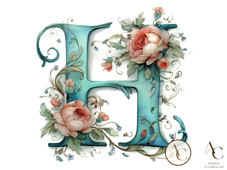 26 Floral Alphabet Letter Clipart Set, Watercolor Rose Birds Text ...