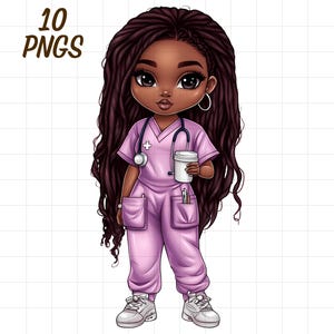 Enfermera negra chibi, doctora, enfermera afro, doctora femenina, niña afroamericana, atención médica hospitalaria, uniforme médico