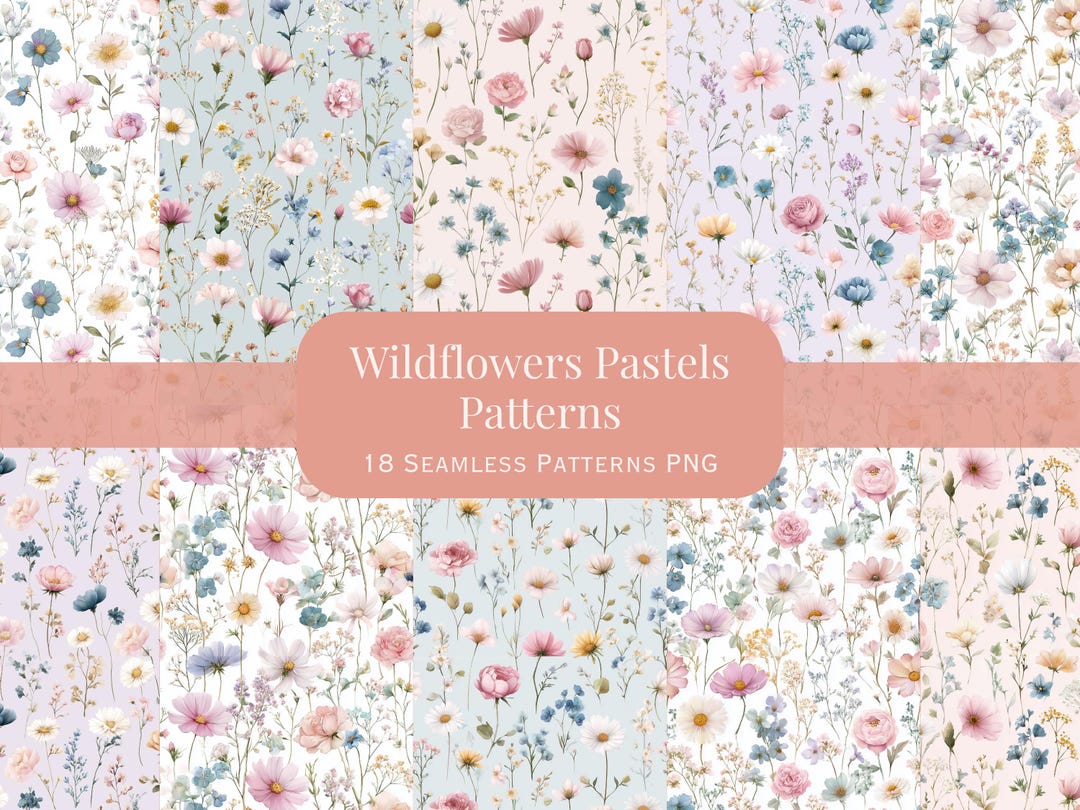 18 Wildflowers Pastels Digital Patterns, Boho Flowers Seamless Paper ...
