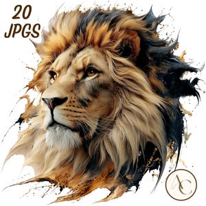 May include: A digital art print of a lion's head, featuring a detailed depiction of the lion's face and mane. The artwork uses a combination of brown, gold, and black colors, with a splash effect around the lion. The text "20 JPGs" is in the upper left corner.
