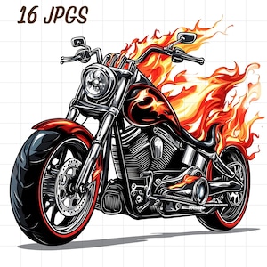16 Moto con fiamme clipart, Moto in fiamme JPG, Acquerello, Amante delle moto cool, Design a tema motociclista, Veicolo sportivo, Per uomini papà lui