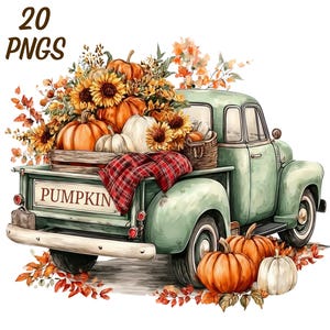 Puede incluir: Una ilustración de una camioneta pickup verde claro vintage con una caja llena de calabazas naranjas, calabazas blancas y girasoles. Una manta de cuadros rojos cuelga del lateral. El portón trasero muestra el texto PUMPKIN.