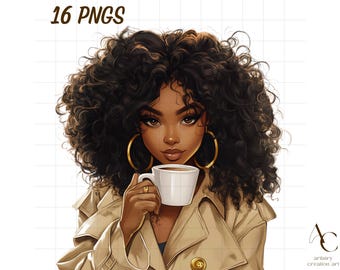 16 Black girl and coffee clipart, Afro woman png, Caffeine lover design, African American theme, Beautiful women with drink, Fashionable