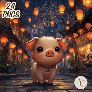 Peut inclure: Un mignon porcelet de dessin animé avec de grands yeux et un collier à clochettes se tient sur une rue pavée. L'arrière-plan présente une scène nocturne avec des lanternes chinoises, des feux d'artifice et des bâtiments. Le texte en haut à gauche indique "24 PNGS".