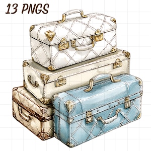 13 luxury luggage clipart bundle, Vintage suitcase png, Travel holiday bag, Old travelling baggage, Watercolor antique designer, Vacation