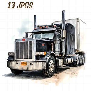 May include: Watercolor illustration of a black semi-truck with a silver grill and a white trailer. The truck has two tall exhaust stacks and a license plate that reads AP-1063. The image has the text "13 JPGs" in the upper left corner.