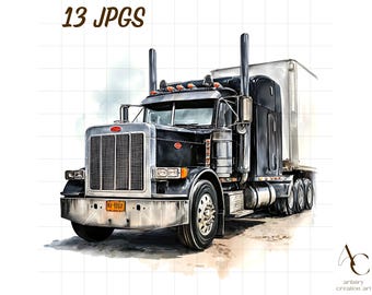 13 American truck art, Watercolor classic vehicle jpg, Big rig pickup lorry clipart, Old semi motor trucker driver, Antique vintage trucking