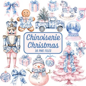 16 Chinoiserie jul clipart, Blommig toile de Jouy Png-bunt, Nötknäpparprydnad, Vintersnögubbe, Festlig julgran, Coquette