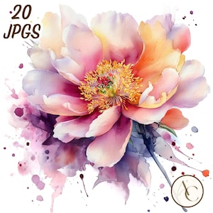 Puede incluir: Pintura a la acuarela de una flor de peonía con pétalos rosas, melocotón y amarillos. La flor tiene un centro amarillo y está rodeada de salpicaduras de acuarela moradas y rosas. El texto dice "-20 JPGs".