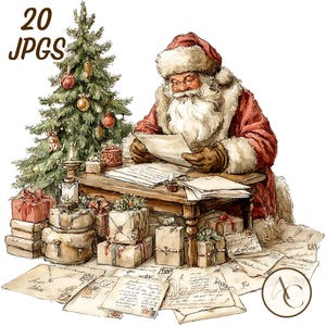 Peut inclure: Illustration à l'aquarelle du Père Noël lisant des lettres à son bureau, entouré de cadeaux et d'un sapin de Noël décoré. L'image contient le texte "20 JPGs". Une ambiance de Noël traditionnelle et chaleureuse.