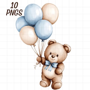 Puede incluir: Ilustración en acuarela de un oso de peluche sosteniendo globos. Los globos son de color azul claro y beige. El oso de peluche tiene un lazo azul. El texto "10 PNGS" está en la esquina superior izquierda.
