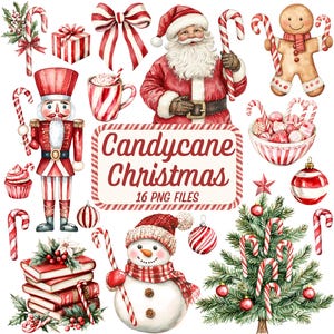May include: Watercolor illustration with Christmas elements, including Santa Claus, a snowman, a gingerbread man, candy canes, and a Christmas tree. The image has the text "Candycane Christmas" and "16 PNG FILES".