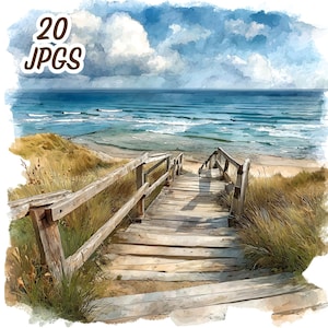 May include: Watercolor painting of a beach scene with a wooden boardwalk leading to the ocean. The sky is blue with white clouds. The text "20 JPGs" is in the upper left corner. The artist's signature is in the lower right corner.