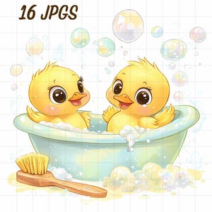 16 Clipart di paperelle di gomma ad acquerello, Vasca da bagno carina JPG, Animali che fanno il bagno, Amante del bagnoschiuma, Cameretta per bambini, Anatroccolo divertente, Uccello giallo felice