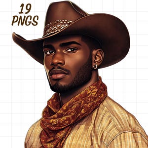 19 schwarze Cowboys Clipart, Western Männer, Afro Mann png, Rodeo Liebhaber Design, afroamerikanischer Junge, wilder Westen, Landhut, Howdy, männliche Leute