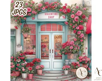 May include: Watercolor illustration of a Valentine Shop with a teal door and windows, adorned with pink roses. The shop sign reads "VALENTINE SHOP". Potted roses and hanging baskets decorate the entrance, creating a romantic scene.