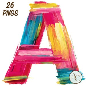 Op de afbeelding: Een kleurrijke, artistieke letter "A" met een penseelstreekontwerp in roze, blauwe, gele en groene tinten. De afbeelding bevat de tekst "26 PNGS" en het logo "Artistry Creation Art".