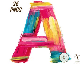 26 Brushstroke alphabet letter, Watercolor artistic font clipart set, Lettering png, Colorful word, Text paint, Brush stroke texture painted