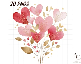 May include: Watercolor illustration of a bouquet of hearts in shades of pink and red, with gold accents. The image includes the text "20 PNGS" at the top. The hearts are of varying sizes and are arranged to resemble a floral arrangement.