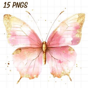 15 キラキラの蝶のクリップアート、ピンクゴールドの昆虫 png、水彩動物、かわいい女の子の保育園、自然、子供、彼女、女性、お母さん、小さな女の子
