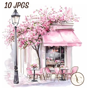 以下が含まれることがあります： ピンク色のオーニング、テーブル、椅子のあるパリのカフェの水彩イラスト。左側には黒い街灯があり、カフェの上にはピンクの花が咲く木があります。「10 JPGS」というテキストが上部にあります。