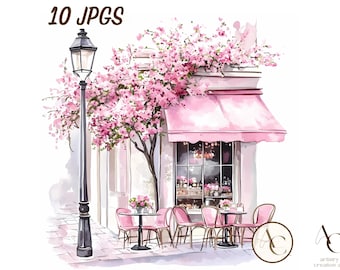 Clipart di una caffetteria rosa, JPG di un grazioso caffè parigino, Acquerello di una casa parigina, Accogliente caffè francese, Strada d'epoca, Ristorante romantico, Primavera