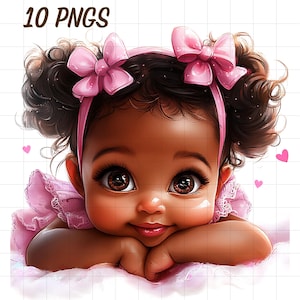 10 Cute black baby girl clipart, Afro child png, African American infant, Melanin toddler, Pink dress daughter, Granddaughter with bow