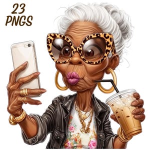 Könnte beinhalten: Digitale Illustration einer älteren Person mit grauem Haar, die eine Sonnenbrille mit Leopardenmuster, eine schwarze Jacke und Goldschmuck trägt. Die Person hält ein Smartphone und ein Kaffeegetränk. Das Bild enthält den Text "23 PNGS".
