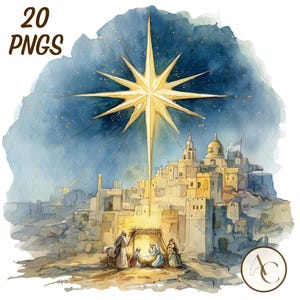 May include: Watercolor illustration of a nativity scene with a large golden star shining over a town. The image includes the text "20 PNGS" in brown letters. The scene depicts figures gathered near a manger.
