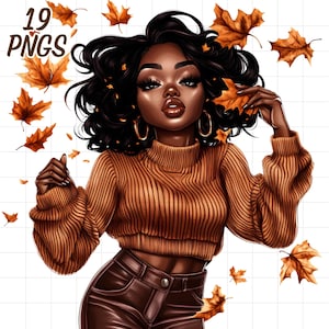 Può includere: Illustrazione digitale di una donna con capelli e pelle scuri, che indossa un maglione marrone e pantaloni di pelle. Le foglie d'autunno cadono intorno a lei. L'immagine include il testo "19 PNGS" e il logo dell'artista.